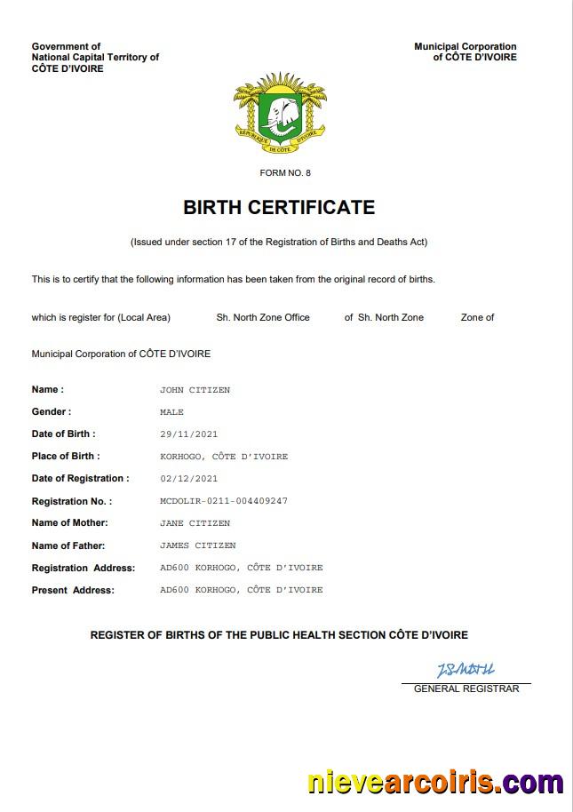 Cote d’Ivoire vital record birth certificate